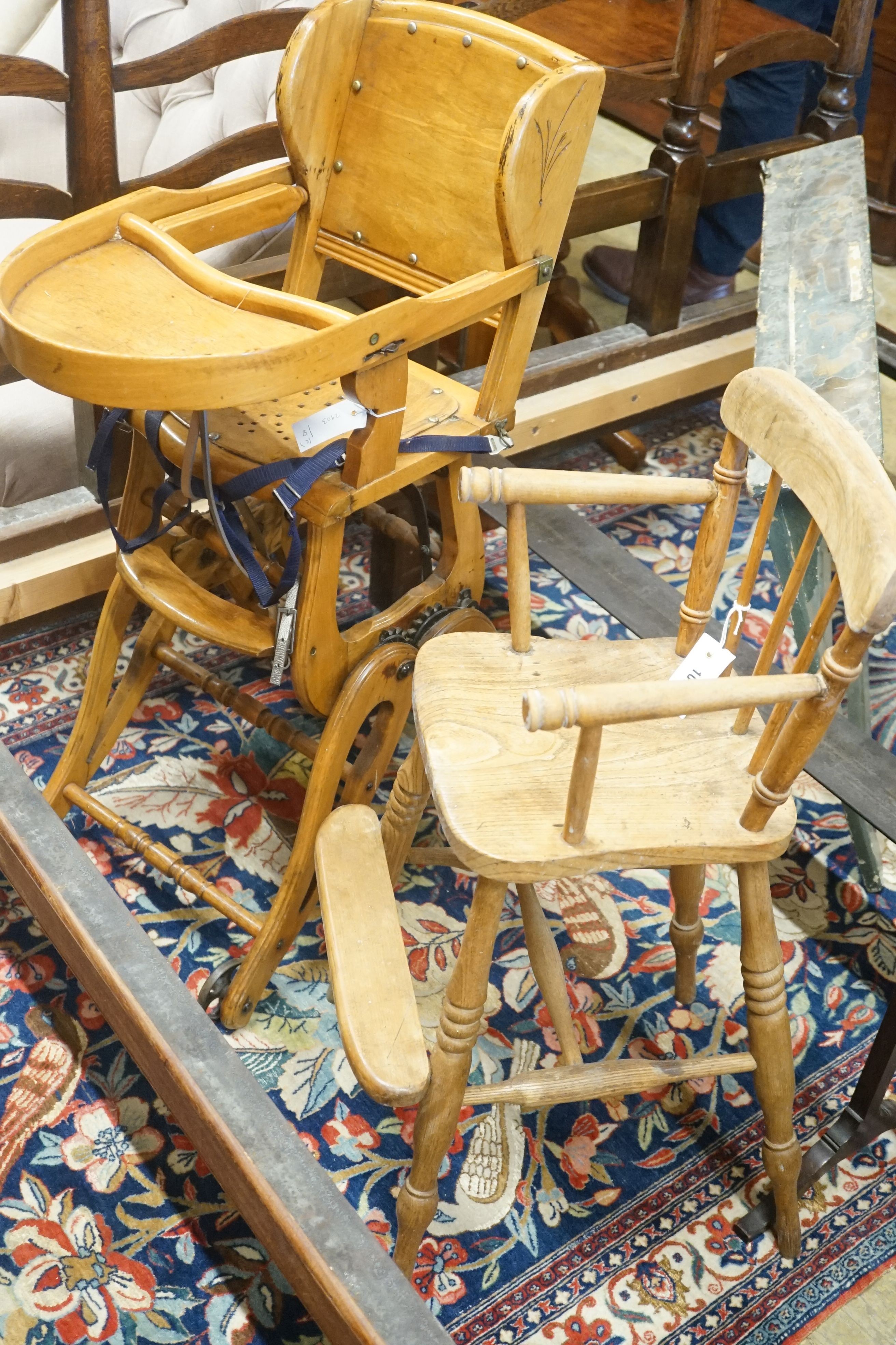 An early 20th century metamorphic child's high chair, together with a Victorian Windsor high chair